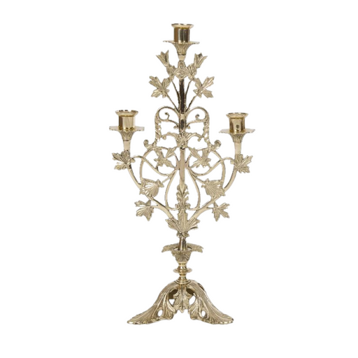 French Design Three-Light Church Altar Candelabra Polished Brass and Lacquered 3 Light Candelabra