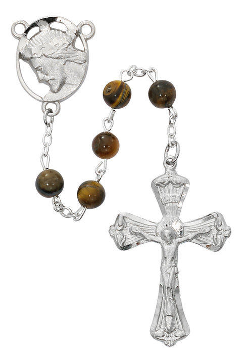 Genuine Tiger Eye Beads Rhodium Plated Jesus Christ Rosary