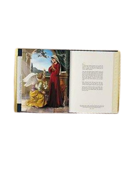 A Christmas Story book made with a hardcover and gold foil embossed dust jacket that features a fully illustrated pages with quotes or prayers from the bible perfect for the family or a christmas gift