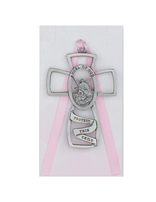 Cruz de cuna con ángel de la guarda - Rosa