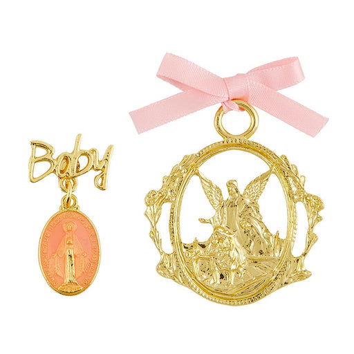 Guardian Angel Crib Medal with Pink Miraculous Pin - 4 Pieces Per Package