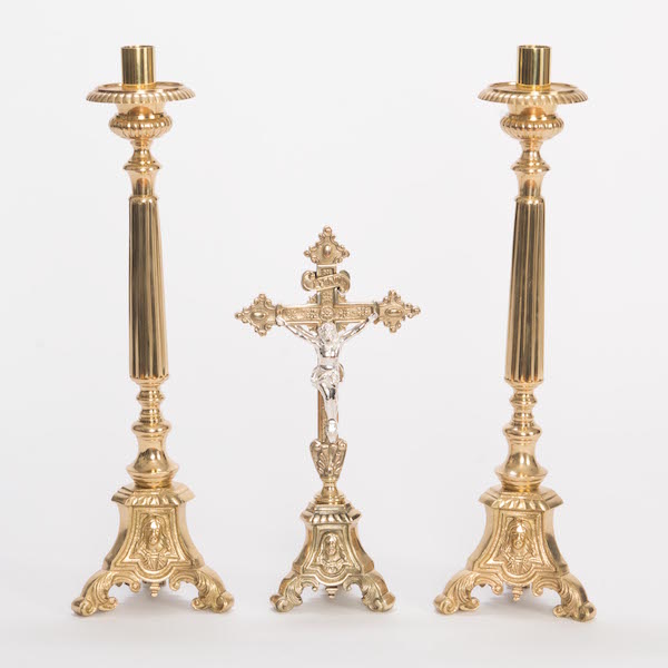 Holy Family Brass Crucifix and Candlesticks Altar Set