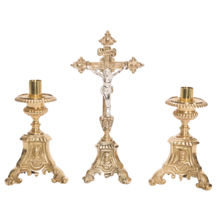 Holy Family Brass Crucifix and Candlesticks Altar Set