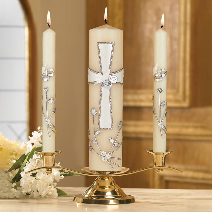 Wedding Candle - Large Cross with Dove and Ring