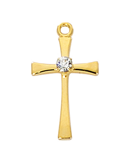 Cross in Gold Over Sterling Silver w/ Crystal Stone and 16" Rhodium Plated Chain