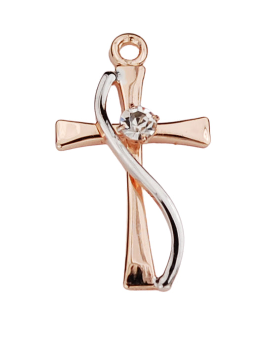 Cross in Rose Gold Over Sterling Silver w/ Crystal Stone and 18" Rhodium Plated Chain