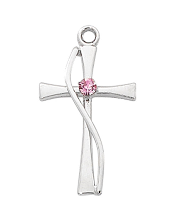 Cross in Sterling Silver with Pink Glass Stone and 18" Rhodium Plated Chain