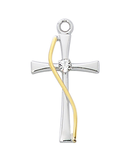 Two-Tone Cross in Sterling Silver w/ Crystal Stone and 18" Rhodium Plated Chain