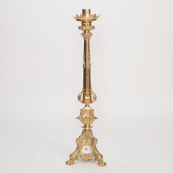 Candelabro de altar tradicional grande de latón macizo con paneles decorativos plateados