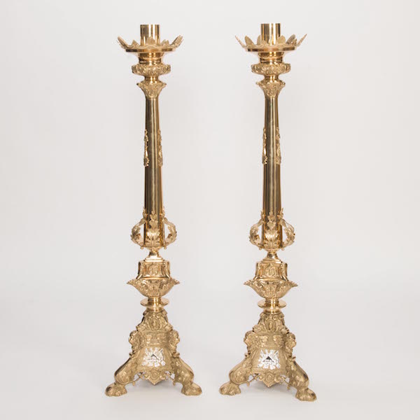 Large Traditional Solid Brass Altar Candlestick with Silver Accent Panels