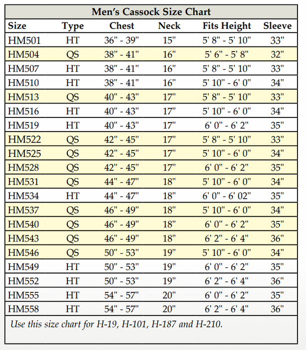 Carlisle Viva Cassock - Size Chart