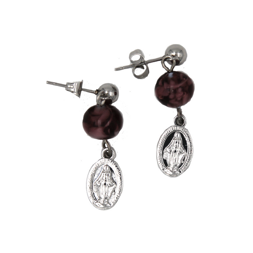 Miraculous Medal Earrings with Genuine Amethyst Murano Beads