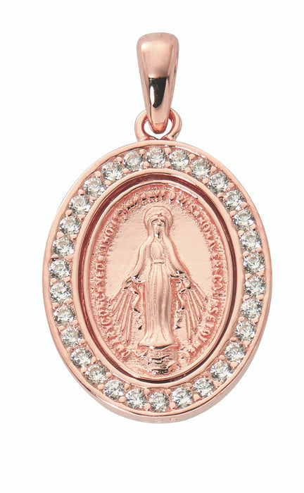 Medalla Milagrosa de Oro Rosa con Piedras de Cristal y Cadena Chapada de 18"