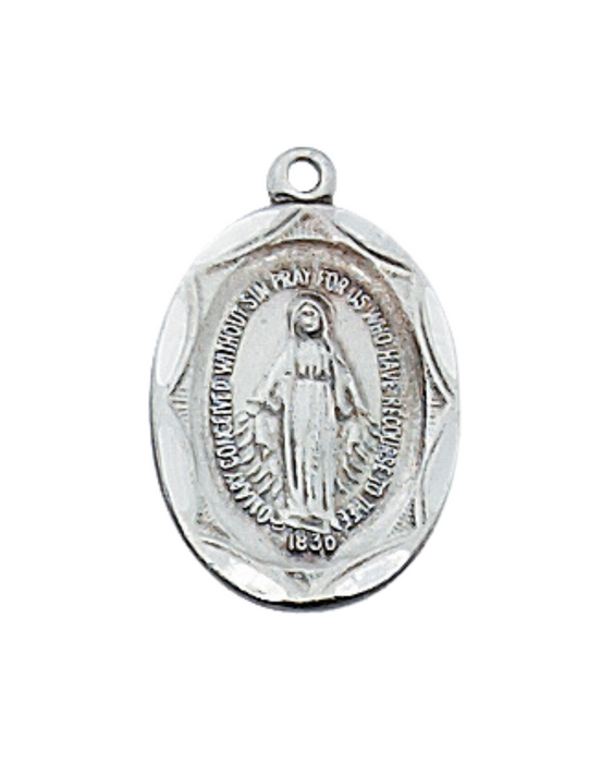 Oval Pewter Miraculous Medal w/ 18" Silver Tone Chain