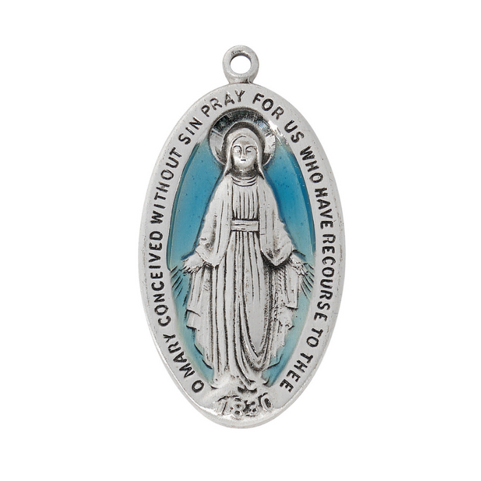 Oval Sterling Silver with Blue Epoxy Miraculous Medal on 24" Stainless Steel Chain