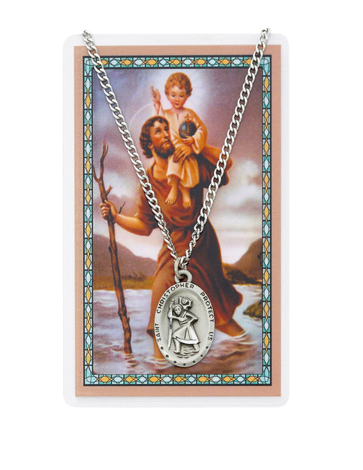 Laminated Holy Card Saint Christopher w/ 24" Medal Silver-Tone Pewter Chain