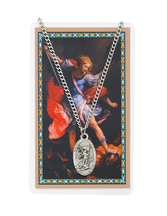 Laminated Holy Card Saint Michael w/ 24" Medal Silver-Tone Pewter Chain Military Protection St. Michael Armed Forces Protection Armed Forces Guidance