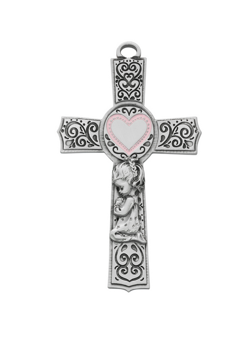 Pewter Filigree Girl Cross with Pink Enamel Heart Catholic Gifts Catholic Presents Gifts for all occasion