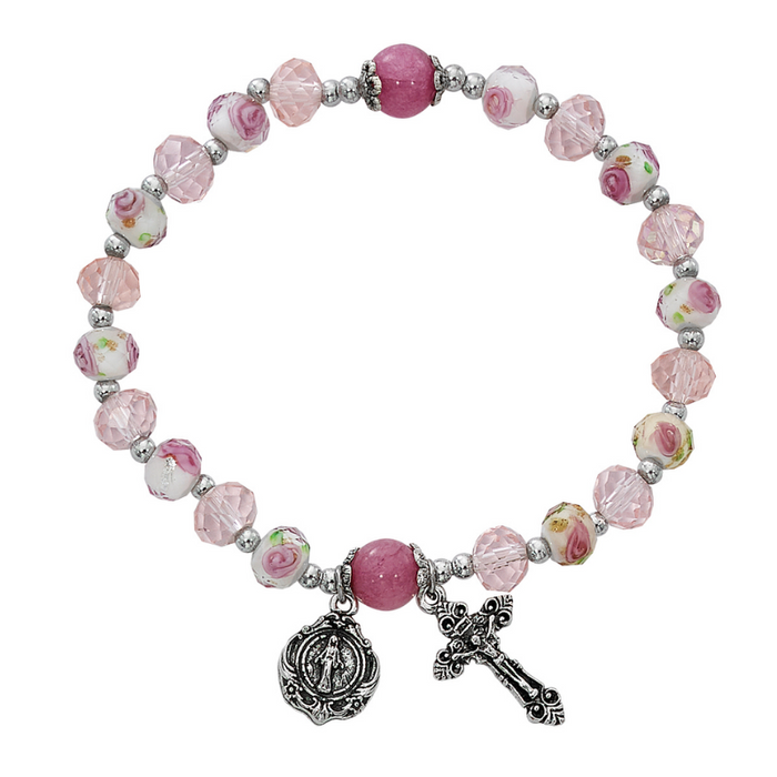 Pulsera elástica con medalla milagrosa de cristal y flor rosa