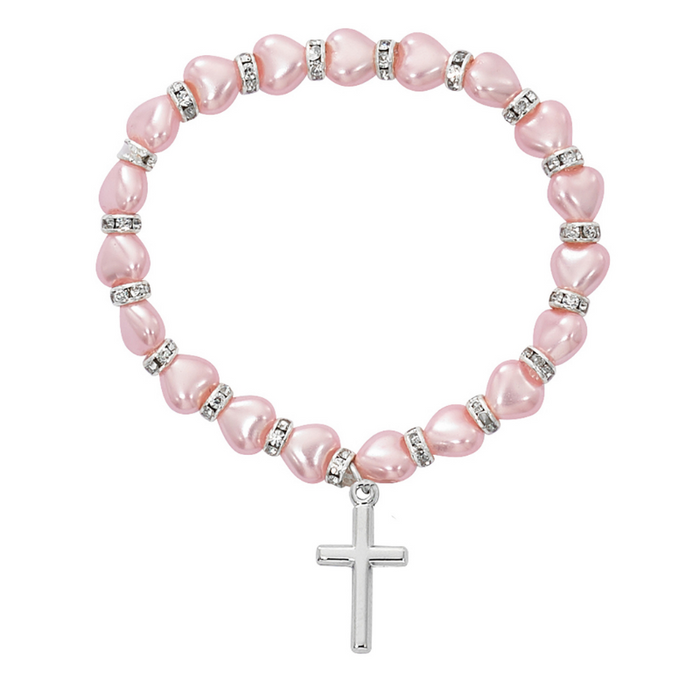 Pulsera de bebé de perlas rosas con dije de cruz de plata de ley