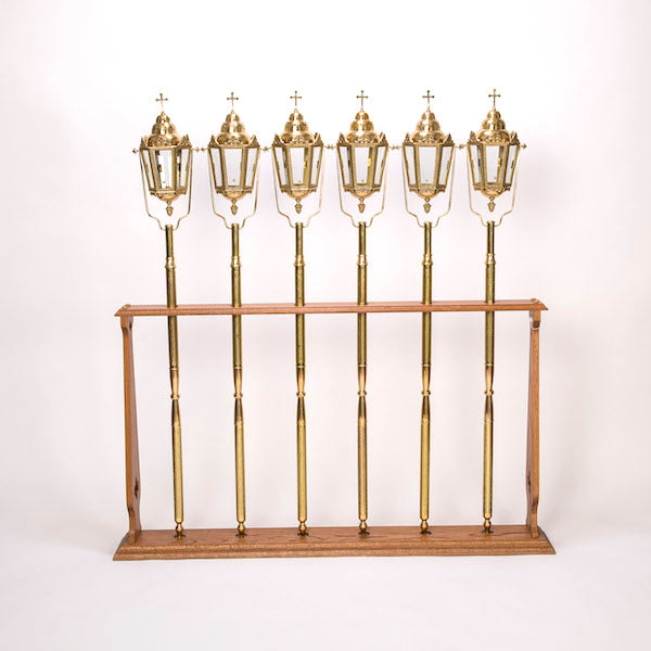 Processional Candlestick on Decorated Brass Pole Oak base stand to hold up to six processional items.