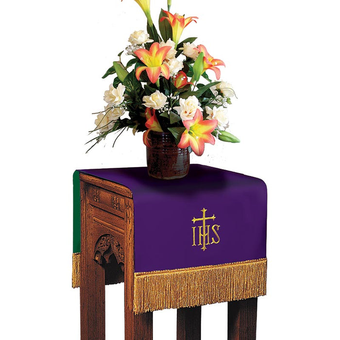 Reversible IHS Cross Viva Flower Stand Cover Hunter Green/Purple