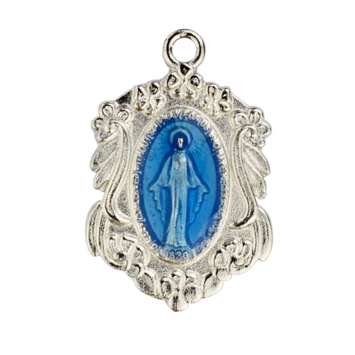 Rhodium Blue Miraculous Medal w/ 18" Rhodium Chain our lady of miraculous medal power of the miraculous medal miraculous medal protection 