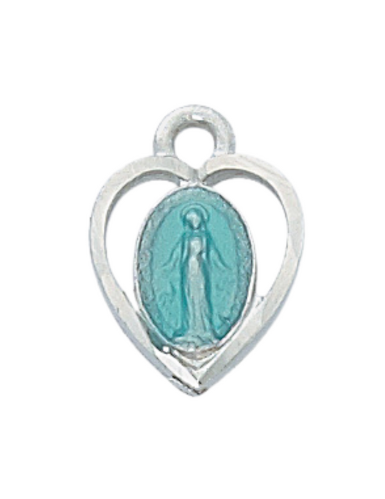 Rhodium Finish Heart Blue Miraculous Medal w/ 18" Fine Rhodium Chain our lady of miraculous medal power of the miraculous medal miraculous medal protection 