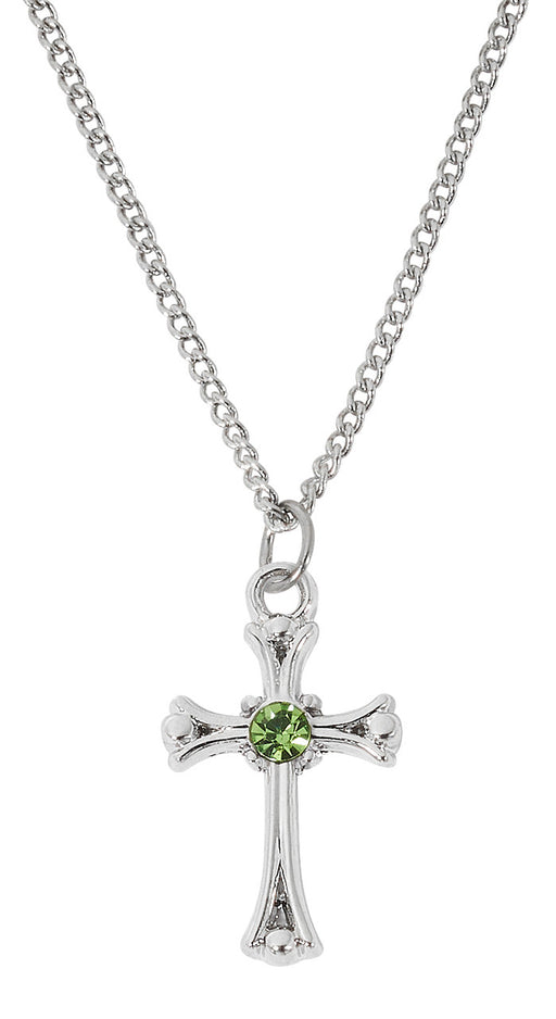 Rhodium Plated Peridot Cross on Adjustable Chain