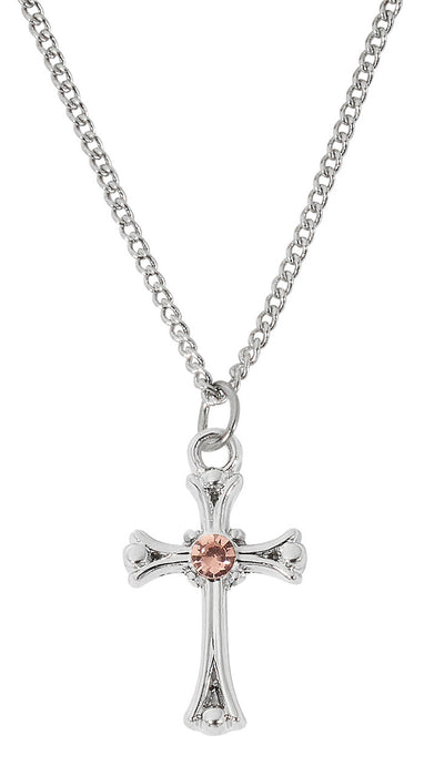 Rhodium Plated Rose Birthstone Cross on Adjustable Chain