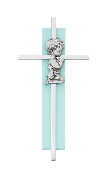 Silver Boy Cross on Blue Wood