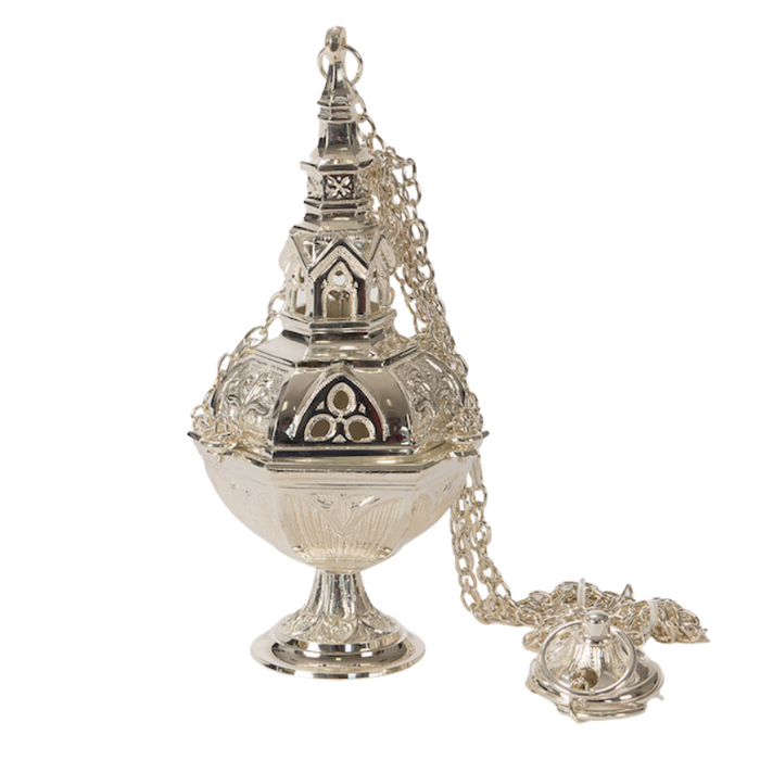 Silver Plated Censer with Removable Charcoal Cup Silver plated traditional church censer with removable charcoal burn cup.