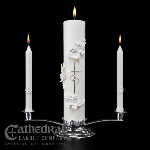 Silver and White Holy Matrimony Candle Ensemble (Stand, Center, and Two Side Candles) 