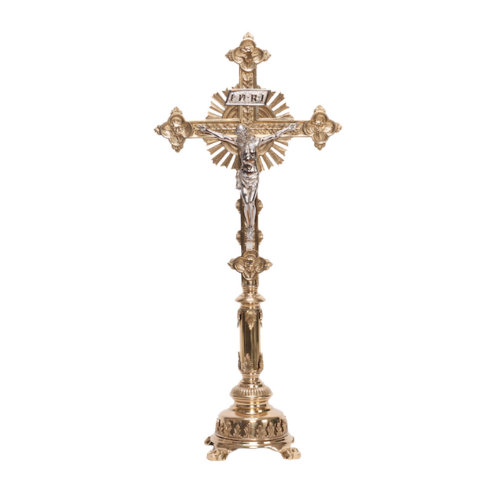 Traditional Smooth Brass Stem Crucifix and Candlesticks Altar Set