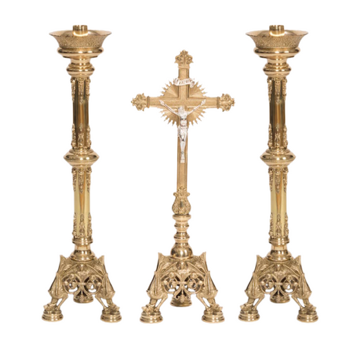 Solid Brass Crucifix and Candlesticks Altar Set Altar Crucifix Crucifix Crucifix Symbolism Catholic Crucifix items Altar Candlestick altar candle holders catholic altar set up for catholic mass altar set