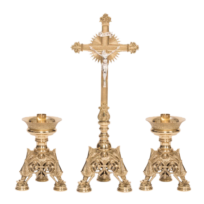 Solid Brass Crucifix and Candlesticks Altar Set Altar Crucifix Crucifix Crucifix Symbolism Catholic Crucifix items Altar Candlestick altar candle holders catholic altar set up for catholic mass altar set