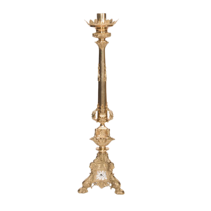 Candelabro de altar tradicional grande de latón macizo con paneles decorativos plateados