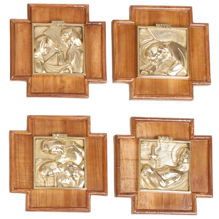 Solid Brass Stations of The Cross on Wood Backplates - Set of 14 Complete set of 14 Stations of the Cross: Solid Brass Station Panels Mounted on Hand Carved Wood Backplates