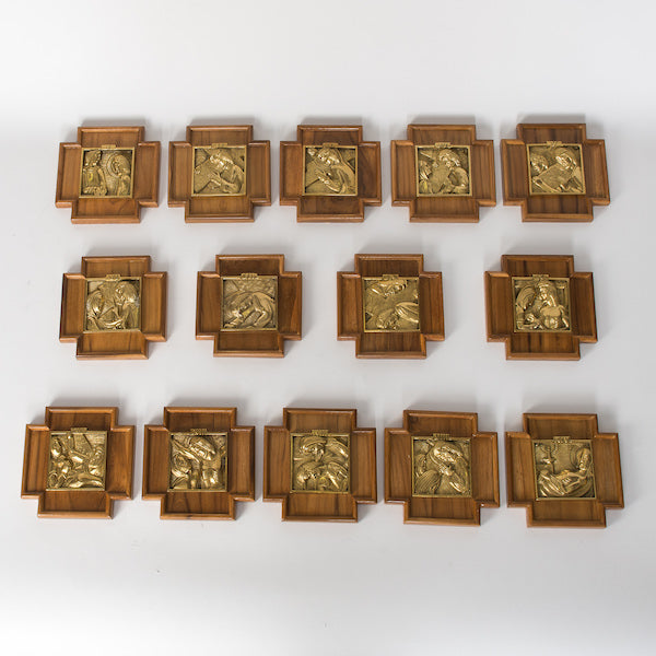 Solid Brass Stations of The Cross on Wood Backplates - Set of 14 Complete set of 14 Stations of the Cross: Solid Brass Station Panels Mounted on Hand Carved Wood Backplates