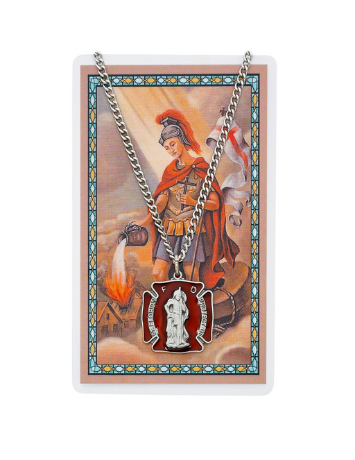 St. Florian Medal with 24" Chain and Laminated Holy Card Set