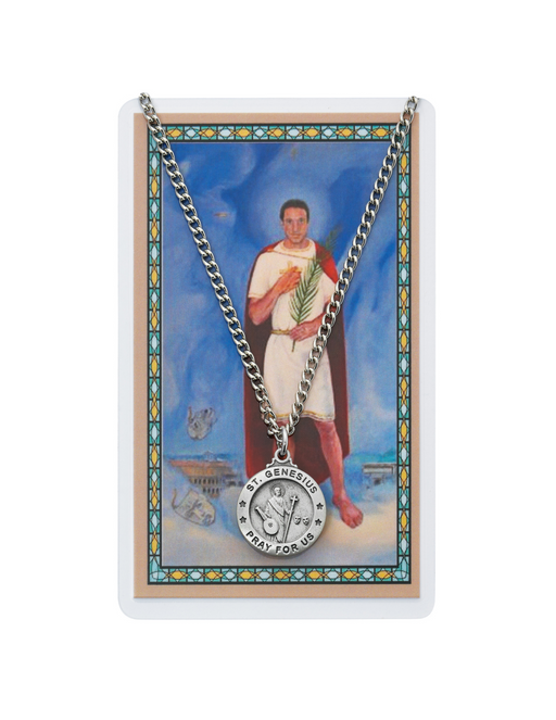 St. Genesius Pewter Medal with 24" Silver Tone Chain and Prayer Card Set Prayer Cards Prayer Card Set Holy Medals Holy Medal Necklace Medals for Protection Necklace for Protection