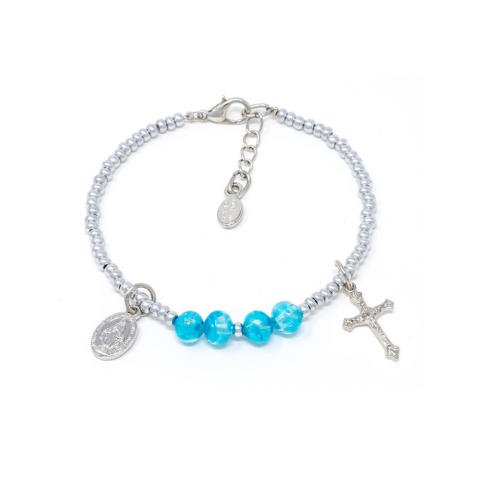 Pulsera de Acero y Murano Azul Auténtico con Medalla Milagrosa, Crucifijo y Cuentas Sommerso