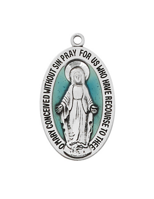 Sterling Silver Blue Miraculous Medal w/ 20" Rhodium Plated Chain