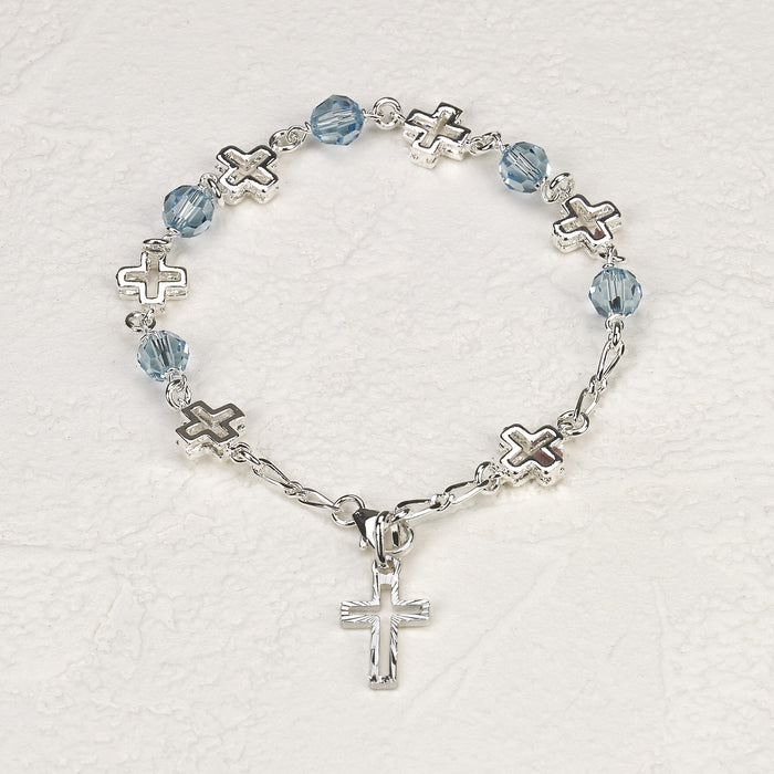 Sterling Silver Cross Rosary Bracelet with 6mm Blue Swarovski Austrian Crystal