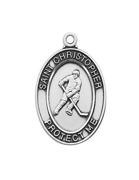 Sterling Silver St. Christopher Hockey Medal w/ 24" Rhodium Plated Chain St. Christopher Symbols, St. Christopher Medal, Medals for Protection, Catholic Gifts, Protection Medals for Athletes