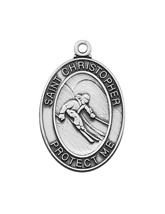 Sterling Silver St. Christopher Skiing Medal w/ 24" Rhodium Plated Chain St. Christopher Symbols, St. Christopher Medal, Medals for Protection, Catholic Gifts, Protection Medals for Athletes