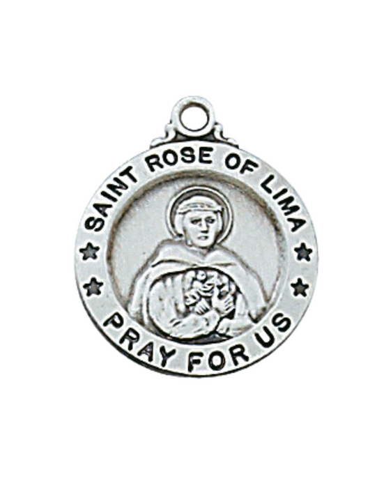 Sterling Silver St. Rose Medal w/ 18" Rhodium Plated Chain