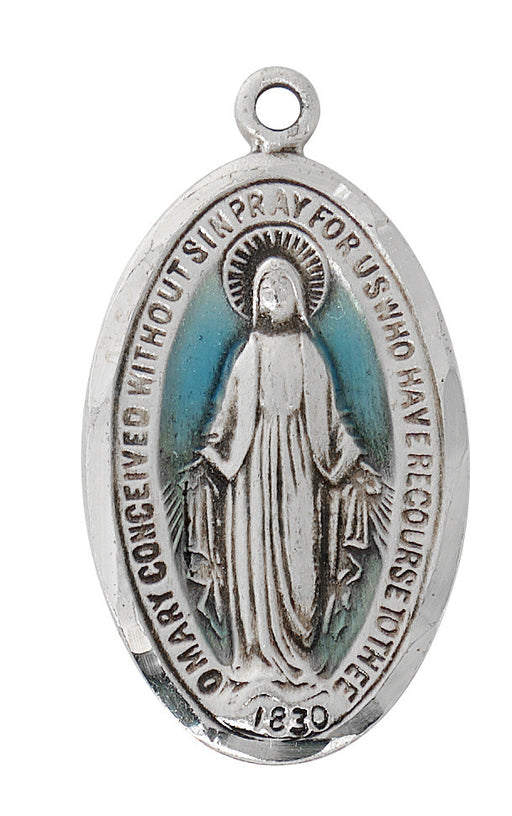 Sterling Silver with Blue Epoxy Miraculous Medal on 18" Stainless Steel Chain