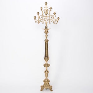 Tall Seven-Light Candelabra Polished Brass and Lacquered 7 Light Tall Standing Candelabra