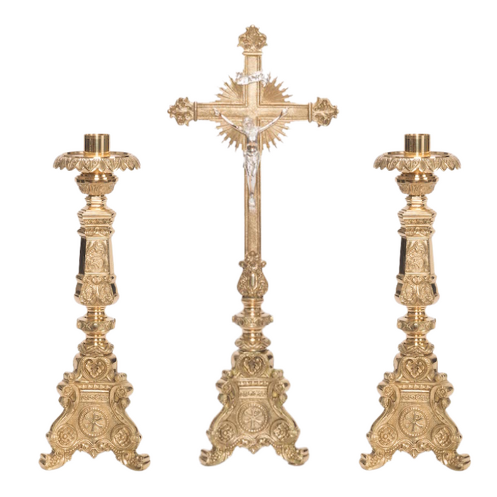 Traditional Baroque Style Crucifix and Candlesticks Altar Set